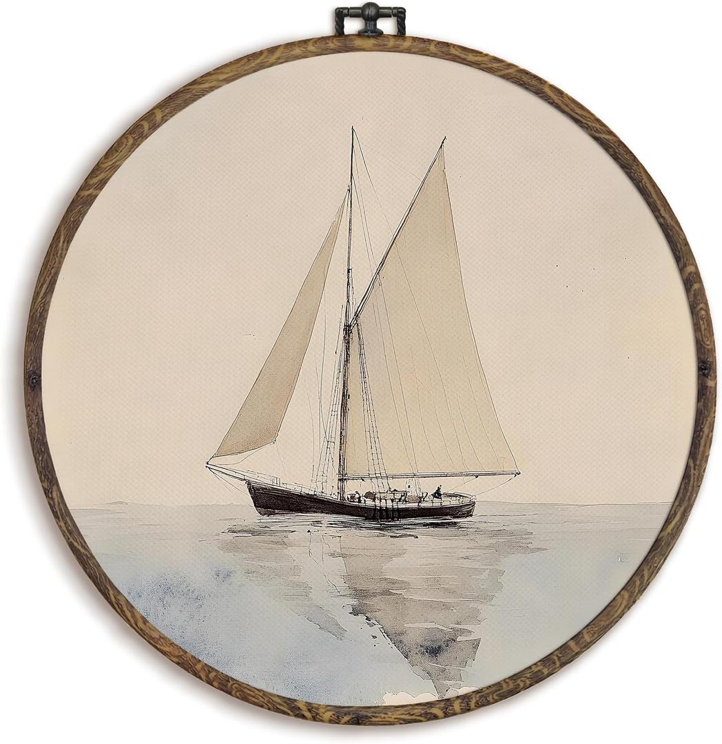 KFXHANGD Vintage Sailboat Round Wall Art Framed, Sailboat Wall Decor, Nautical Coastal Canvas Wall Art Decor, Nautical Hanging Decor for Bathroom Living Room Lake House Gallery, 10x10inch