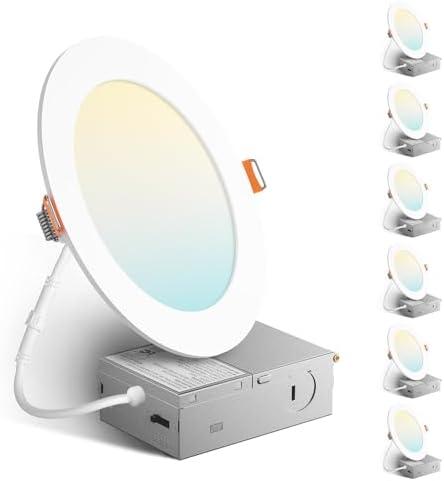 Amico  6 Inch 5CCT Ultra-Thin LED Recessed Ceiling Light with Metal Junction Box, 2700K-5000K Selectable, 12W Eqv 110W, Dimmable Canless Wafer Downlight with Plastic Trim, 1050 Lumens -ETL&FCC