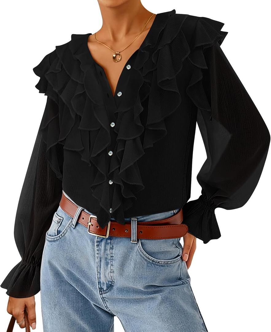 ZESICA Women's Long Sleeve Chiffon Dressy Casual Blouses Fall Button Down Ruffle Layered Boho Tops 2026 Trendy Clothes (Black, M)