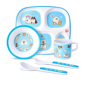5-Piece Kids Melamine Dinnerware Set – Plate, Bowl, Cup, Fork & Spoon – BPA-Free, Durable & Lightweight Cartoon Set for Toddlers (Puppy Band)