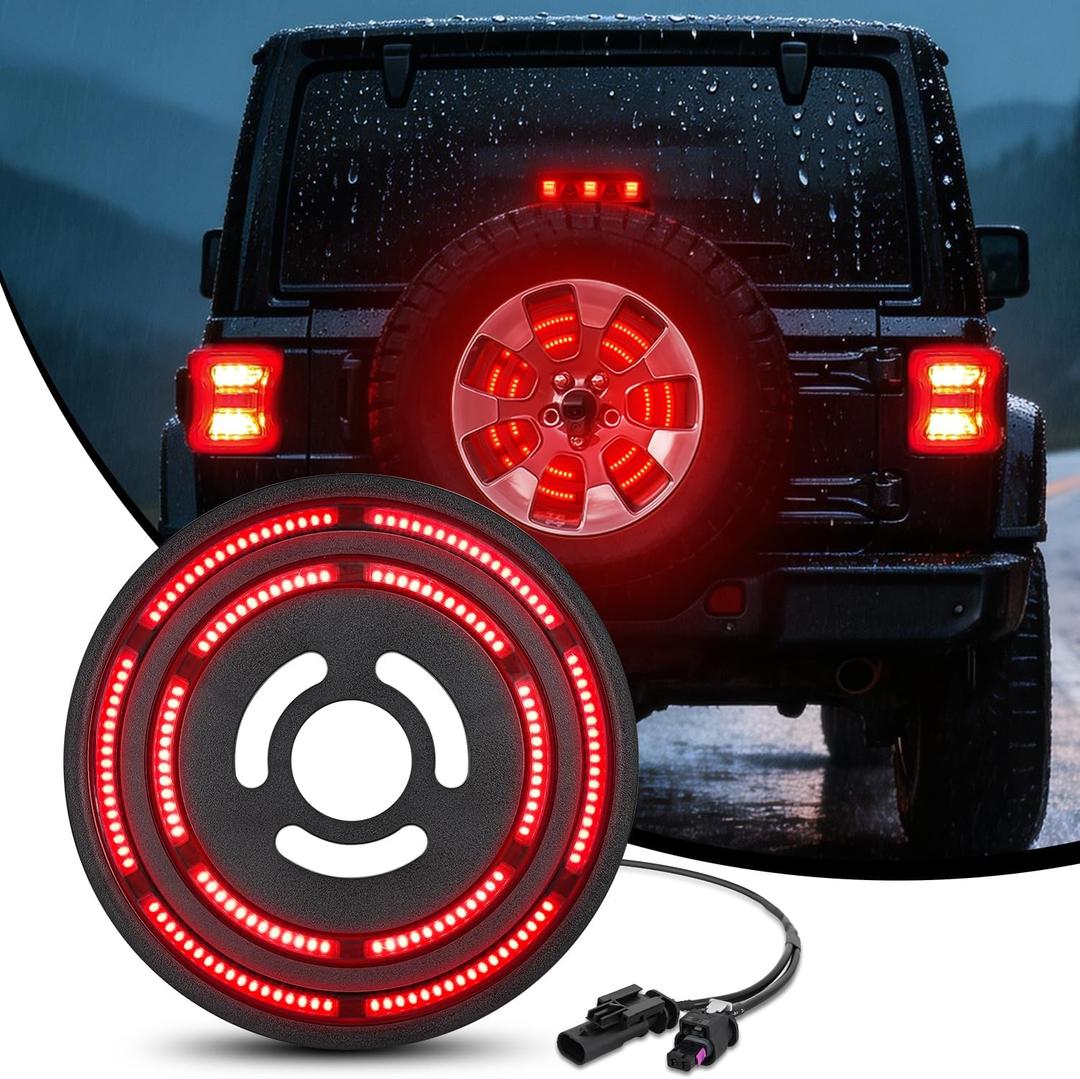 Nilight Spare Tire Brake Light Red Double Row LED Ring 3rd Third Stop Rear Wheel Lights Plug and Play Fit for 2018 2019 2020 2021 2022 2023 2024 2025 2026 Jeep Wrangler JL