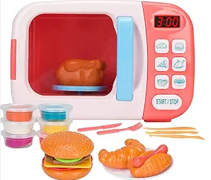 Microwave Toys Kitchen Play Set with Light Sound,Kids Pretend Play Electronic Oven with Play Food and 6 Color DIY Play-Dough for Children Ages 3+ Years (Blue)