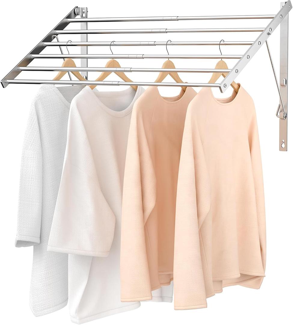 Wall Mounted Laundry Drying Rack, 29.92 inch Retractable Clothes Drying Rack, Foldable Laundry Rack Indoor with 6 Smooth Round Stainless Steel Rods, Space Saving for Laundry Room, Bathroom, Apartments