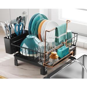 GSlife Dish Drying Rack with Sponge Holder for Kitchen Counter - Small Dish Racks for RV and Small Apartment, Compact Dish Drainer with Utensil Holder and Drain Spout, Black