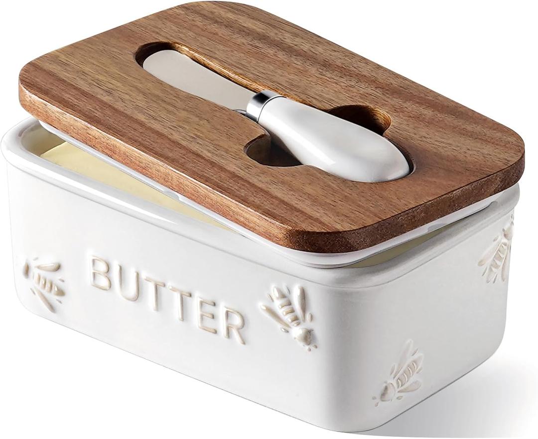 Le Tauci Butter Dish with Lid for Countertop, Ceramic Butter Container, Embossed Butter Keeper with Acacia Wood lid, Knife, and Airtight Cover, Farmhouse Decor - Set of 1, Arctic White, Bee Pattern