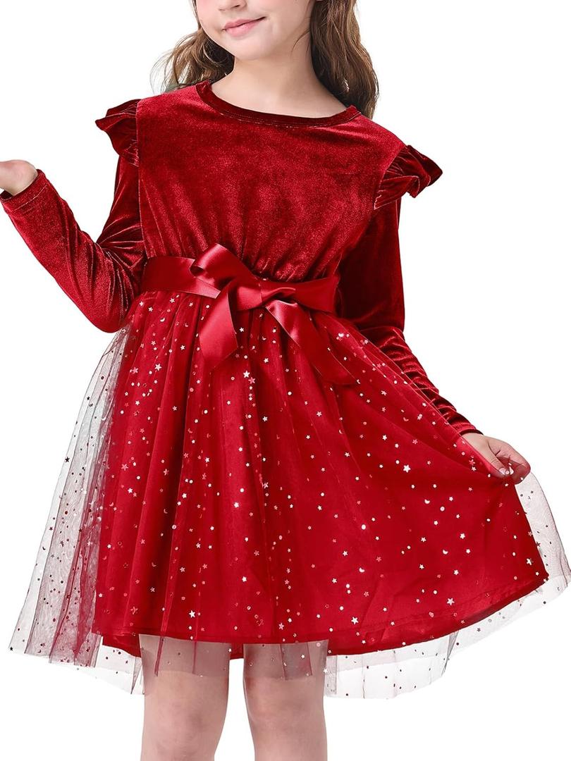 Toddler Girl Tutu Dress Long Sleeve Star Sequin Bowknot Velvet Party Tulle Dresses Princess Birthday (5-6 Years, Red)