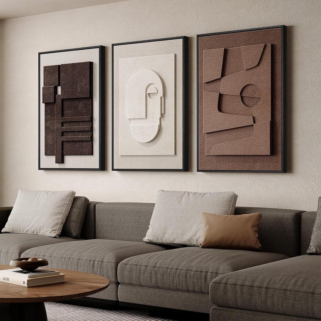 Large 3D Textured Framed Neutral Abstract Wall Art for Living Room, 3 Piece Modern Artwork for Walls, Minimalist White and Brown Geometric Wall Paintings for Hallway, Stair, Office Wall Decor 24x36 In, 24"W x 36"H x 3Pcs