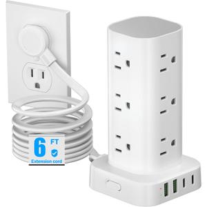 Tower Power Strips with Surge Protection, 6FT Flat Extension Cord with Multiple Outlets, 12 AC 4 USB Ports, Overload Protection Charging Station for Office Home Dorm Room Travel (White)
