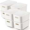 Tuanse 8 Pieces White Plastic Storage Bins with Lids, Stackable Storage baskets with Handle Containers Box for Shelves Drawers Desktop Playroom Classroom Office Organization(14 x 10.5 x 6.5 Inches)