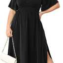 Plus Size Dress Wedding Guest Semi Formal Ruffle Short Sleeve Sweetheart Neckline Slit A Line Flowy Maxi Dresses (Black)