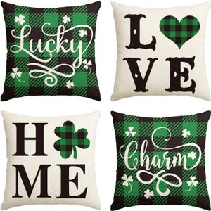 AVOIN colorlife ST Patricks Day Buffalo Plaid Love Home Clover Throw Pillow Covers, 18 x 18 Inch Lucky Charm Shamrocks Decoration for Sofa Couch Set of 4 (17.7" x 17.7" (Pack of 4))
