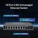 8-Port 2.5G Unmanaged Ethernet Switch, 82.5G Base-T Ports, 210G SFP+ Uplink, Supports 100/1000/2500Mbps, Fanless Metal Casing, Plug & Play