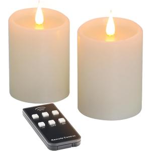Flickering Flameless Candles with 3D Moving Flame, Real Wax Battery Operated Candles with Timer and Remote, Last 600+ Hours, 3" x 4" LED Fake Candles for Home Wedding Christmas Decor, 2 Pack