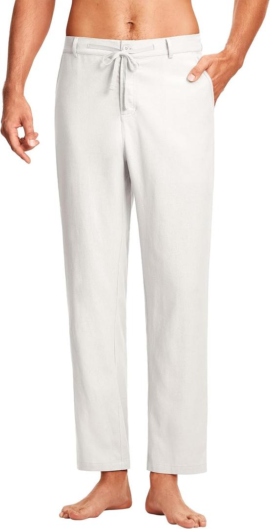 ISEEGZ 30" Men's Linen Pants Casual Dress Pants Drawstring Lightweight Business Trousers with 4 Pockets Beach Summer (White, M)