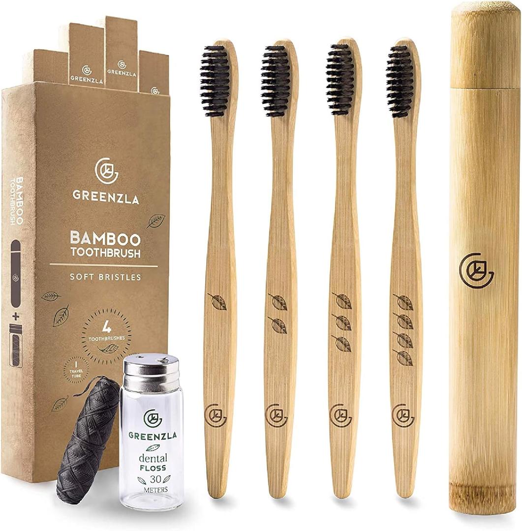 Greenzla Bamboo Toothbrushes, Wooden Toothbrush Set with Soft Bristles, Includes Travel Case and Charcoal Dental Floss, 4 Pack