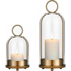 5"&4" Hurricane Glass Candle Holders, Hanging Brass Metal Candle Holder for Pillar Candles Table Coffee Table Decor Interior Decoration (Gold)