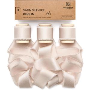 Vitalizart Silk Satin Ribbon 1 Inch x 15 Yard Wooden Spool Light Nude Handmade Frayed Ribbon for Gift Wrapping Baby Shower Wedding Bridal Bouquets Holiday Decor 3 Rolls x 5 Yard