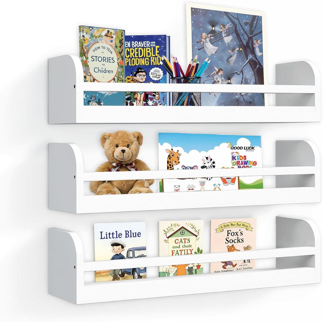 Floating Nursery Book Shelves, 16.5 inch Wall Book Shelves Kids Room, Set of 3 Baby Shelves for Nursery Décor, Ideal Wooden Nursery Shelves for Teens Kids Room, Bedroom Bathroom and Kitchen (White)