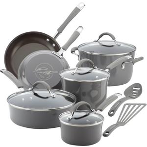 Rachael Ray - 16802 Rachael Ray Cucina Nonstick Cookware Pots and Pans Set, 12 Piece, Sea Salt Gray, 12 Piece Porcelain Enamel