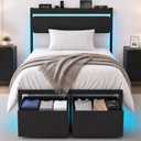Twin Bed Frames with Drawers, Platform Bed with LED Lights & Charging Station, Wood Headboard, Strong Metal Slats Support, No Box Spring Needed, Noise Free, Easy Assembly