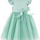 Toddler Girls Ruffle Sleeve Tulle Dress Elastic Waist Bow Kid Casual Sundress, 130