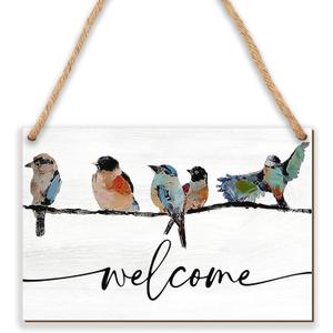 8''x12'' Welcome Wooden Hanging Sign - Watercolor Birds Farmhouse Front Door Wooden Plaque - Spring Wall Art Decoration for Home Office Outdoor Indoor - Rustic Favors For Women Men Friends Family -A01