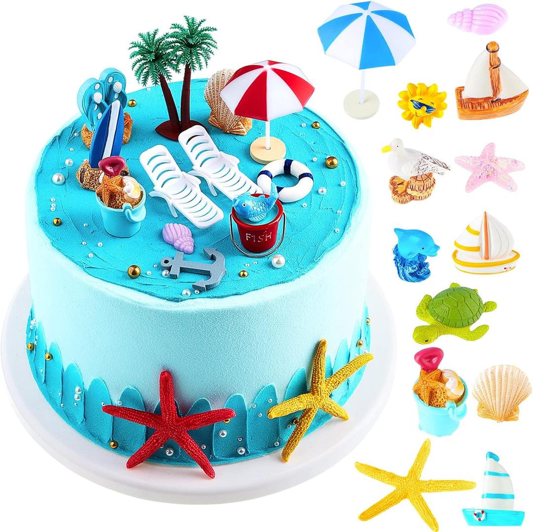 24 Pieces Hawaiian Beach Cake Decoration Green Palm Tree Cake Toppers Summer Chair Umbrella Toppers for Hawaiian Beach Theme Birthday Wedding Baby Shower Party Supplies