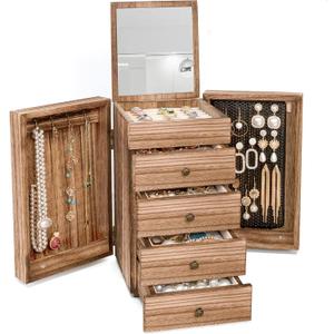 Meangood Jewelry Box Wood for Women, 5-Layer Large Organizer Box with Mirror & 4 Drawers for Rings, Earrings, Necklaces, Vintage Style, Torched Wood