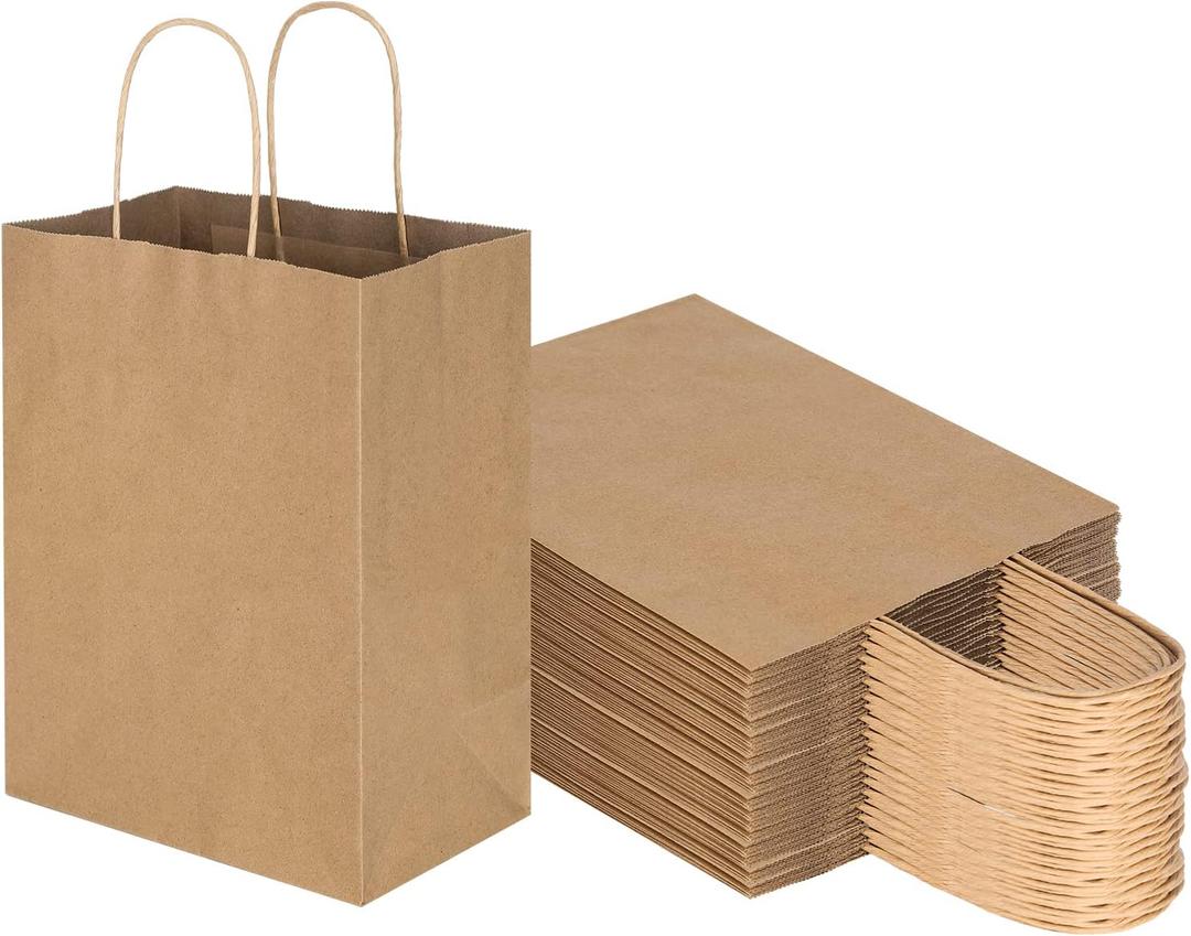 Toovip 50 Pack 8x4.75x10 Inch Medium Plain Brown Kraft Paper Bags with Handles Bulk, Gift Bags for Favors Grocery Retail Party Birthday Shopping Business Goody Craft Merchandise Take Out Sacks