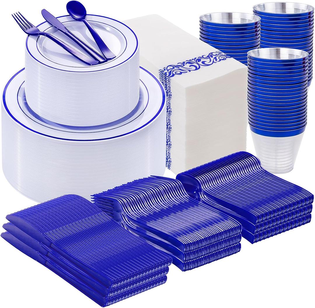 WELLIFE 700 Pcs Blue Plastic Plates for 100 Guests - Plastic Dinnerware Set,Party Supplies Includes 200 Blue Plates,300 Disposable Silverware,100 Napkins,100 Cups