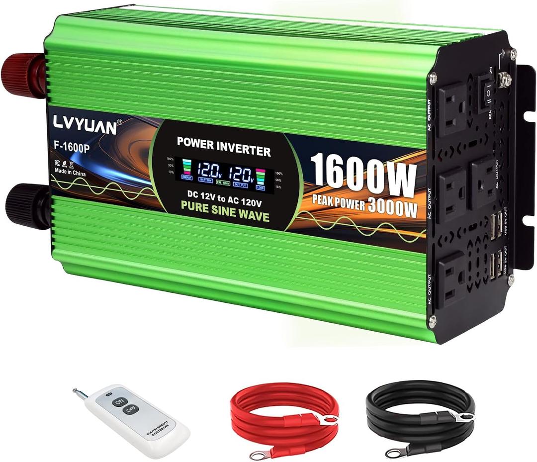 1600 Watt Pure Sine Wave Inverter, DC 12V to 120V AC Power Inverter for Vehicle, RV, Truck, Off-Grid, Car Power Inverter with 4 AC Outlet, 5V/3.1A USB, Remote Control, Surge 3000W
