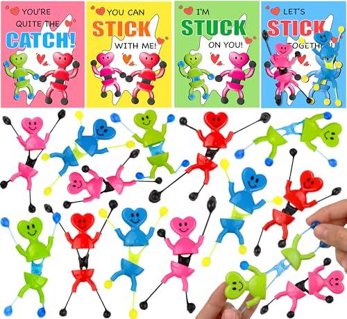 28 Pack Kid Valentiens Day Cards with Heart Shape Sticky Toys Wall Climbing Men, Valentines Day Gifts for Kids Classroom School Valentines for Kids Class Valentines Exchange Gifts Cards Party Favors