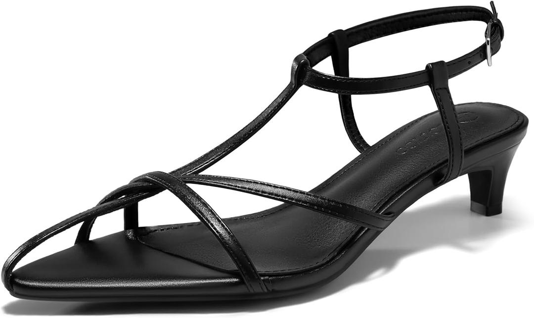 Coutgo Womens Dress Sandals Strappy Low Kitten Heels Pointed Open Toe Summer Beach Shoes (8.5, Black)