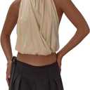 MakeMeChic Women's Draped Crop Halter Top Sleeveless Tie Open Back Fitted Tank Tops (Small)