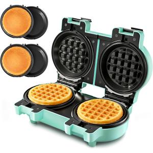 2-in-1 Double Waffle & Pancake Maker - CACHOO Mini 4" Nonstick Waffle Iron & Small Round Griddle with 4 Removable Plate Sets, Dishwasher Safe, Perfect for Small Spaces, Apartments & Dorms, Aqua
