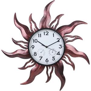 Large Outdoor Clock, Sun Outdoor Wall Clock with Thermometer & Humidity, Silent Non-Ticking Outside Clock for Patio, Living Room, Kitchen(Brown)