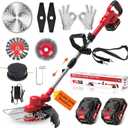 Weed Wacker Cordless String Trimmer, 750W Brushless Motor, Electric Weed Wacker with 2 X 4.0Ah Batteries, Weed Eater with 5 Types of Blades, for Lawn, Yard and Bush Trimming(Red)