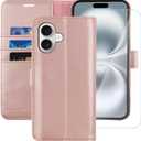 MONASAY Wallet Case Compatible for iPhone 16 5G,[Glass Screen Protector Included] [RFID Blocking] Flip Folio Leather Cell Phone Cover with Credit Card Holder, 6.1-inch, Rosegold