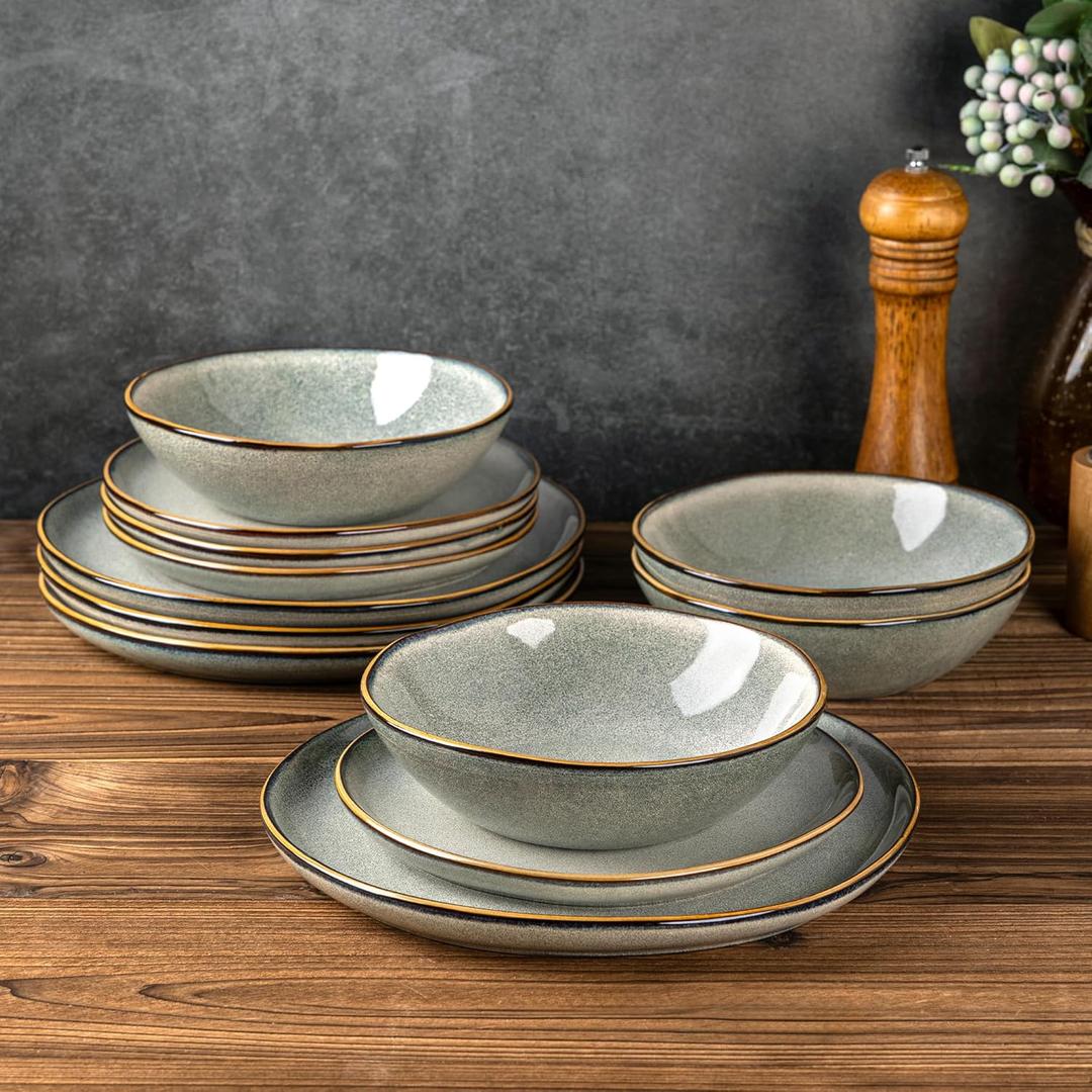 AmorArc Ceramic Dinnerware Sets,Handmade Reactive Glaze Stoneware Plates and Bowls Set,Highly Scratch Resistant | Dishwasher & Microwave Safe Dishes Set,Service for 8 (24pc) (Green Wheat)