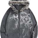 SOLY HUX Y2k Grunge Gothic Streetwear Fur Zip Hoodie (Gray, L)