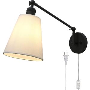 PERMO Retro Swing Arm Wall Sconce Plug in Wall Lamp Black Single Sconce with White Fabric Shade Wall Light Fixture for Bedroom Living Room Office
