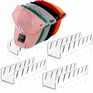 Hat Stand for Baseball Caps, 4 Pack No Install Acrylic Hat Organizer for 28 Baseball Caps Storage Organizer, Hat Racks Hat Holder Display and Organization for Closet, Bedroom, Dresser (Clear-4Pack)