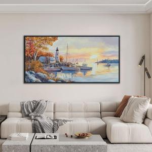 QZQCBLC Sunset Landscape Wall Art, Sea Harbor Lighthouse Ink Paintings Framed Artwork Homeward-bound Boat Soft Tone Wall Pictures for Living room Bedroom Bathroom Home Office Decor 20x40 IN (40L" x 20W", Orange White)