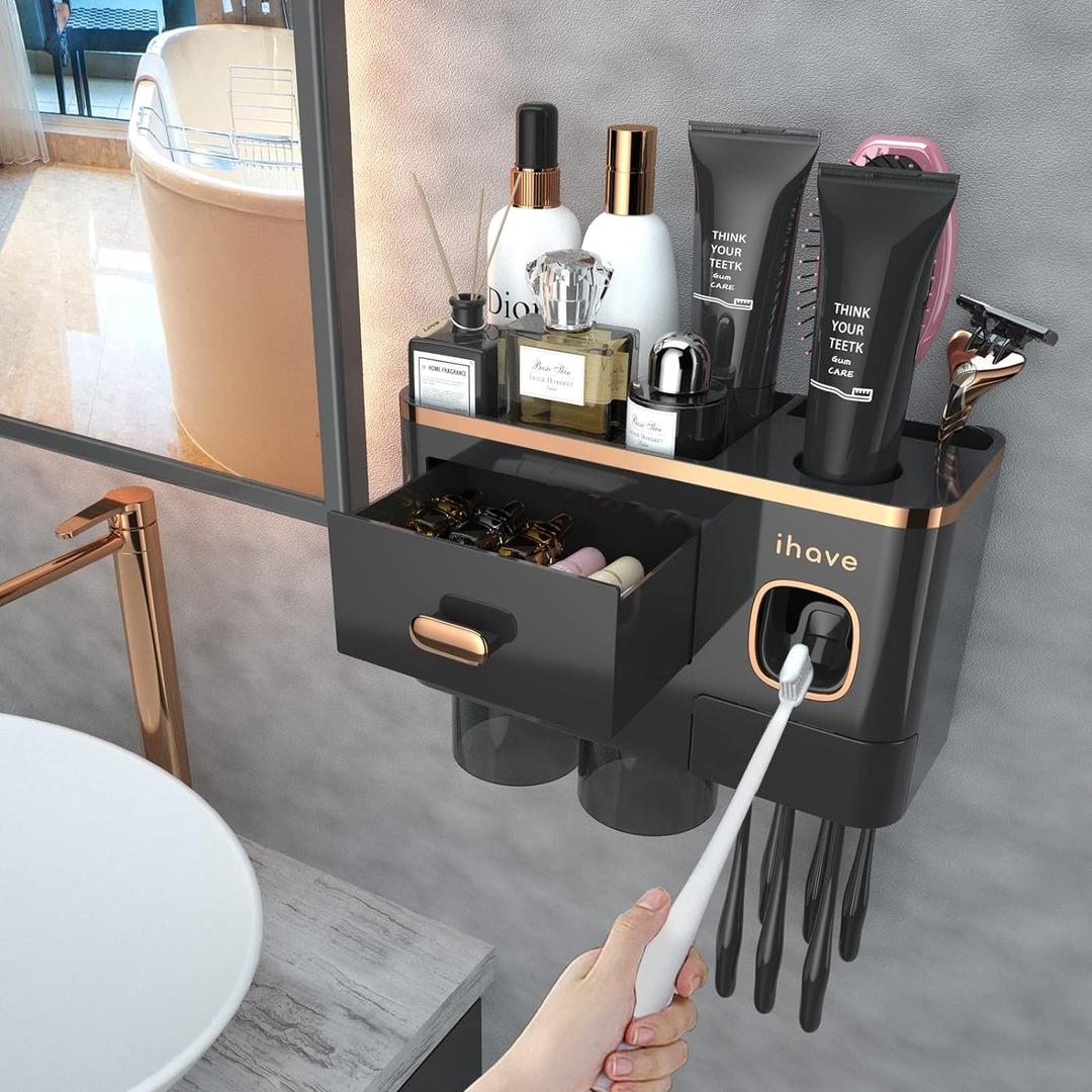 iHave Toothbrush Holders for Bathrooms - Upgrade Wall Mounted Toothbrush Holder with Toothpaste Dispenser - 2 Cups, Large Capacity Tray, Cosmetic Drawer - Bathroom Decor & Bathroom Accessories (Black Gold)