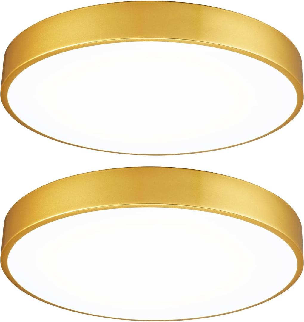 2 Pack Gold LED Ceiling Light Fixture Flush Mount 15 inch 36W, Dimmable Light Fixtures Flush Mount LED, Modern Kitchen Close to Ceiling for Bedroom, Bathroom, Living Room