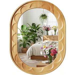 Entryway Small Mirrors for Wall, 16 x 12 Inch Bathroom Wood Mirror with Carved Wooden Frame and High-Definition Glass, Boho Wall Mirror Decorative for Bathroom, Entryway, Bedroom, Hallway