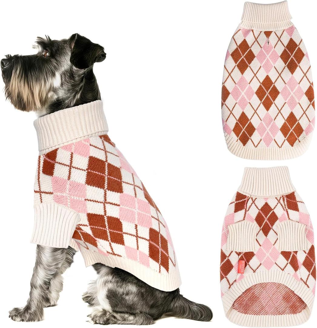 KYEESE Dog Sweater Warm Pet Sweater with Long Sleeve Thick Pet Coats Comfy Dogs Clothes Turtleneck Diamond Plaid Dog Sweater for Small Dogs, Beige, Small (Small (4-7lbs))