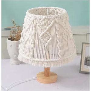 Boho Macrame Table Lamp Handmade Bedside Light with Wooden Base, White Ivory Boho Decor for Bedroom, Living Room, Nursery E26/E27 Compatible Nightstand Lamp by Elvirka