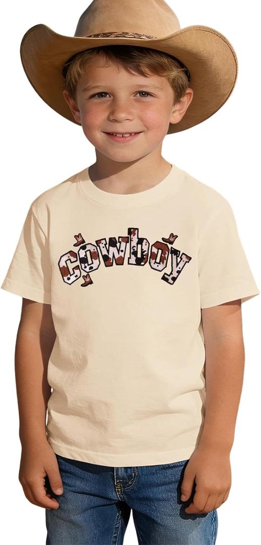 CM C&M WODRO Toddler Kid Boy Cowboy Shirts Western Rodeo Cowboy Boots Embroidered T-Shirt Short Sleeve Funny Summer Tee Tops (Beige, 6-7 Years)