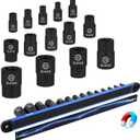 14-Piece Female E-Torx Star Socket Set with Magnetic Storage Rail, 1/4", 3/8", 1/2" Drive E4 - E24 External Impact Socket Set, Chrome Vanadium Steel, High Visibility Markings